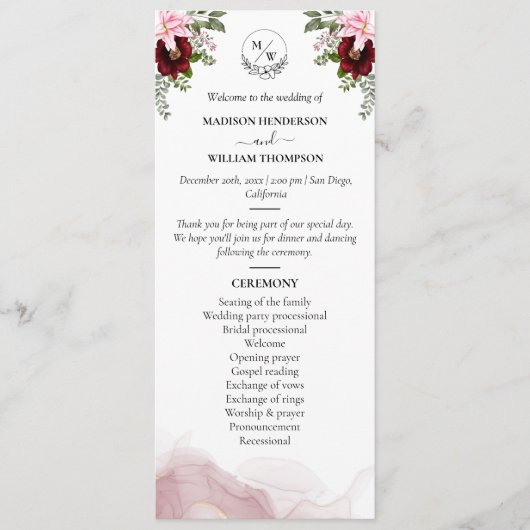 Elegante Burgundy Blume Wedding Programm (Vorderseite)