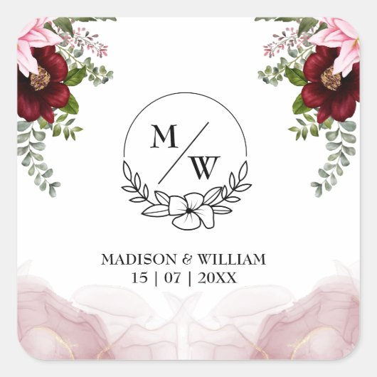 Elegante Burgundy Blume Wedding Quadratischer Aufkleber (Vorderseite)