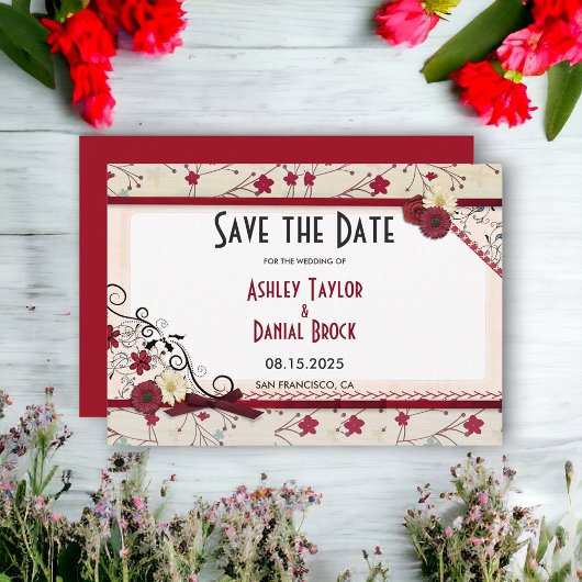 Elegante Burgundy Blumenrahmen Chic Summer Wedding Save The Date