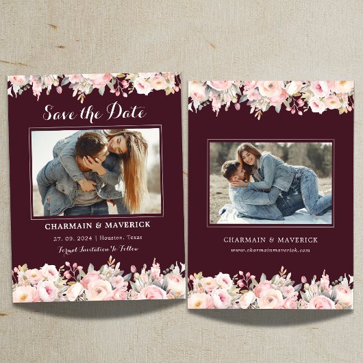 Elegante Burgundy Blumenrosa Hochzeit speichern Si Einladung