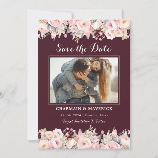 Elegante Burgundy Blumenrosa Hochzeit speichern Si Einladung (Vorderseite)