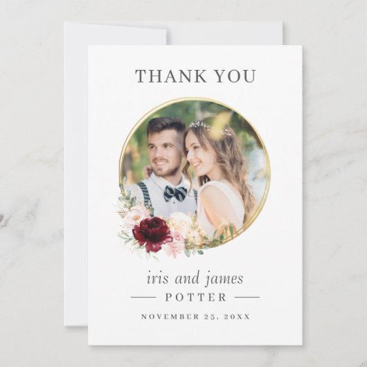 Elegante Burgundy Blush Bloral Circle Gold Wedding Dankeskarte (Vorderseite)