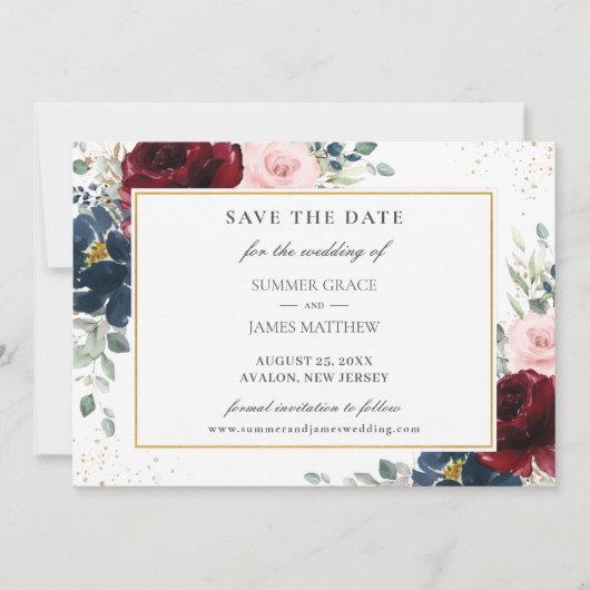 Elegante Burgundy Blush Blue Floral Rose Hochzeit Save The Date (Vorderseite)