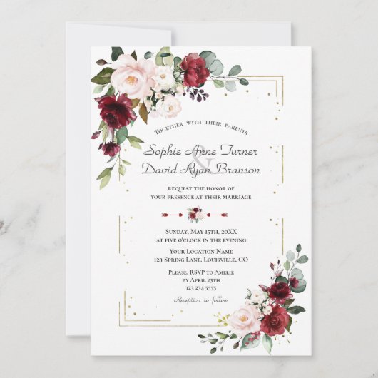 Elegante Burgundy Blush Blume Gold Wedding Einladung (Vorderseite)