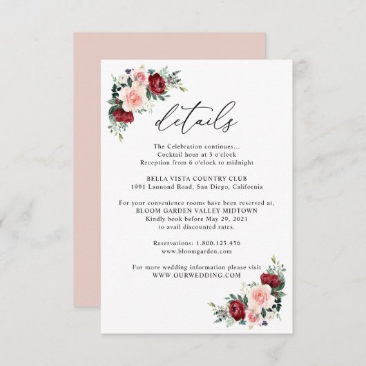 Elegante Burgundy Blush Blumenzettel Details zur H Begleitkarte (Vorne/Hinten)