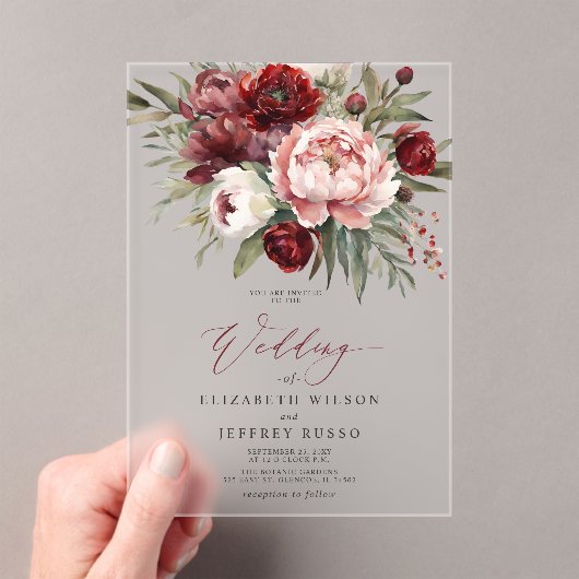 Elegante Burgundy Blush Botanical Floral Wedding Acryleinladungen (Insitu (Handheld))