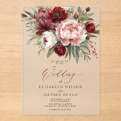 Elegante Burgundy Blush Botanical Floral Wedding Acryleinladungen (Vorderseite)