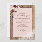Elegante Burgundy Blush Botanical Wood Wedding Einladung (Vorderseite)