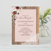 Elegante Burgundy Blush Botanical Wood Wedding Einladung (Stehend Vorderseite)