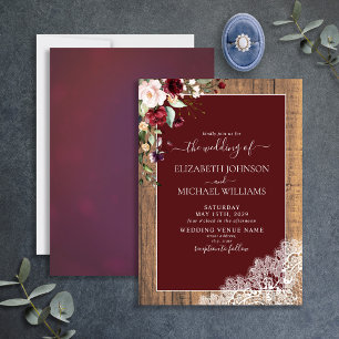 Elegante Burgundy Blush Botanical Wood Wedding Einladung