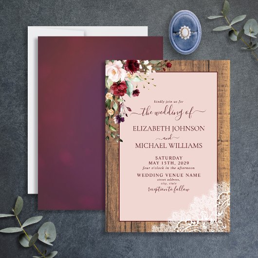 Elegante Burgundy Blush Botanical Wood Wedding Einladung