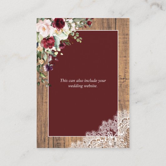 Elegante Burgundy Blush Botanische Spitzen-Holzdet Begleitkarte (Rückseite)
