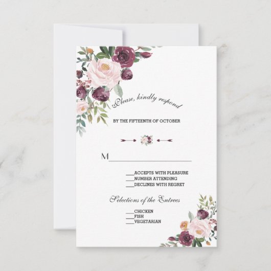 Elegante Burgundy Blush Elfenbeinblütenhochzeit RSVP Karte (Vorderseite)