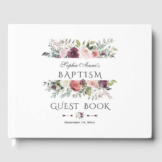 Elegante Burgundy Blush Elfenbeinblütenschurke Tau Gästebuch (Vorderseite)