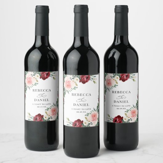 Elegante Burgundy Blush Floral Wedding Personalisi Weinetikett (Flaschen)