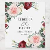 Elegante Burgundy Blush Floral Wedding Personalisi Weinetikett (Einzelnes Label)
