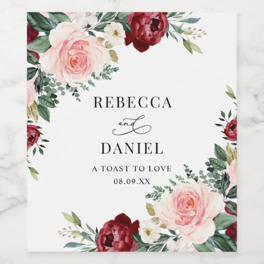 Elegante Burgundy Blush Floral Wedding Personalisi Weinetikett (Einzelnes Label)