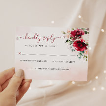 Elegante Burgundy Blush Floral Wedding RSVP Card
