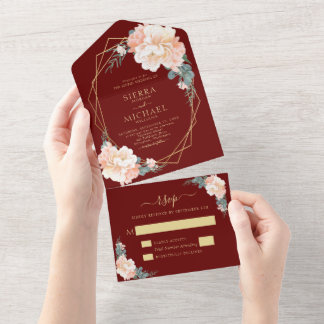 Elegante Burgundy Blush Gold Peach Floral Wedding All In One Einladung
