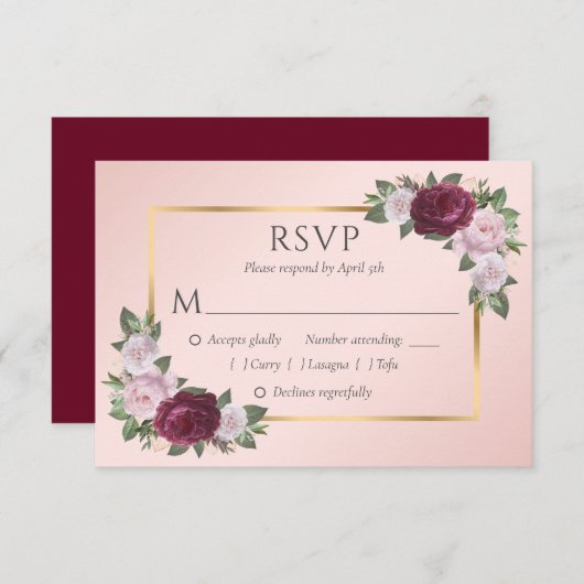 Elegante Burgundy Blush Gold Wedding RSVP Cards (Vorne/Hinten)