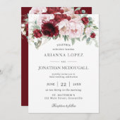 Elegante Burgundy Blush Peonies Rose Blumenhochzei Einladung (Vorne/Hinten)