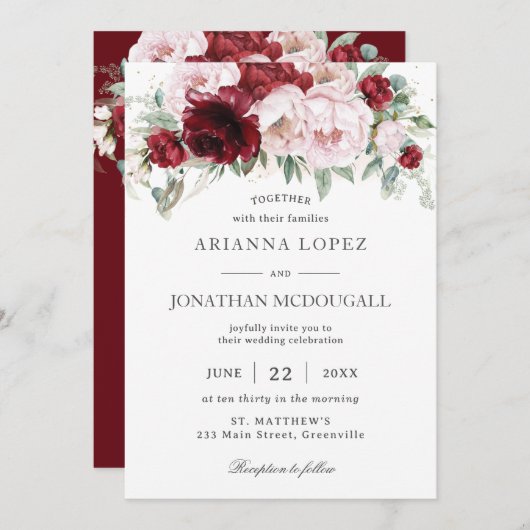 Elegante Burgundy Blush Peonies Rose Blumenhochzei Einladung (Vorne/Hinten)