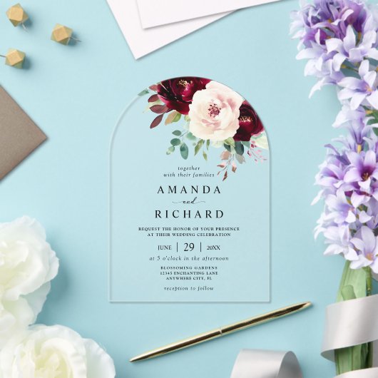 Elegante Burgundy Blush Pink Floral Wedding Acryleinladungen (Insitu (Hochzeit))