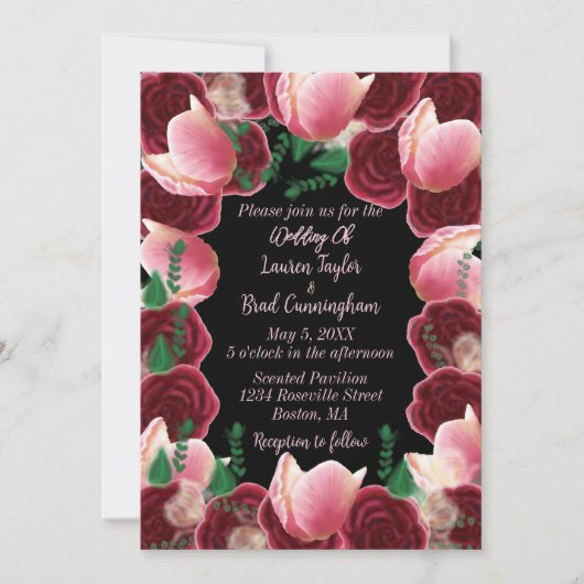 Elegante Burgundy & Blush Pink Rose Black Wedding Einladung (Vorderseite)