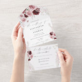 Elegante Burgundy Blush Pink Roses Blumenhochzeit All In One Einladung (Abreißen)