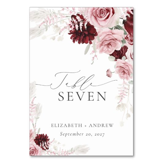 Elegante Burgundy Blush Pink Roses Blumenhochzeit Tischnummer (Vorderseite)