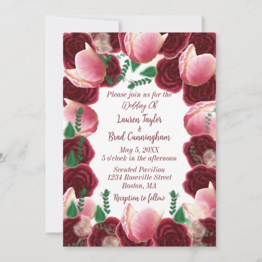 Elegante Burgundy & Blush Rosa Rose White Wedding Einladung (Vorderseite)