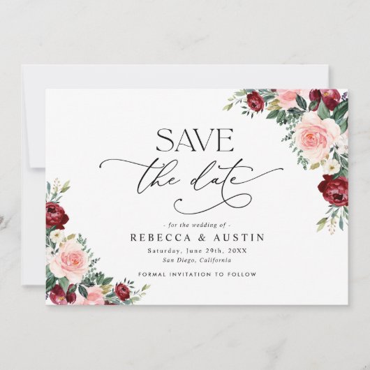 Elegante Burgundy Blush Wedding Save the Date Einladung (Vorderseite)