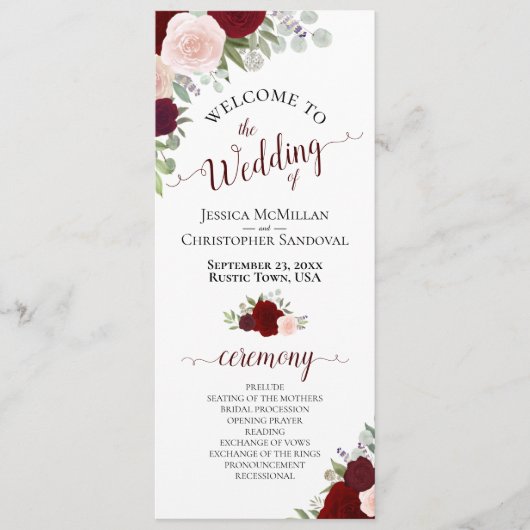 Elegante Burgundy Boho Hochzeit mit floraler Wasse Programm (Vorderseite)