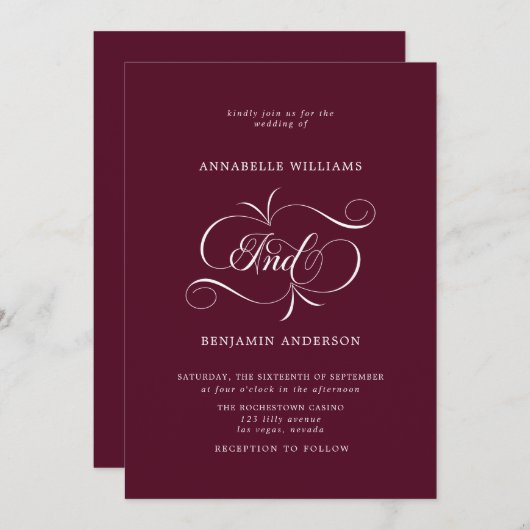Elegante Burgundy Classic Wedding Einladung (Vorne/Hinten)