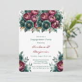 Elegante Burgundy Emerald Peony Engagement Party Einladung (Stehend Vorderseite)