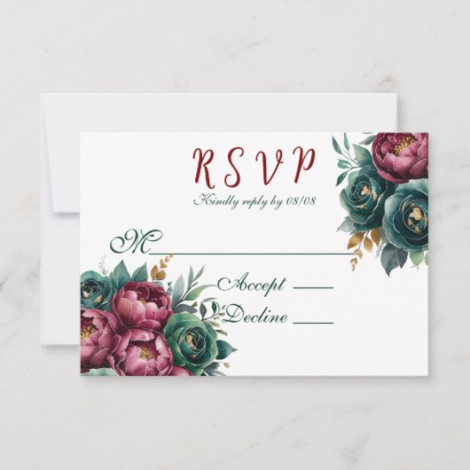 Elegante Burgundy Emerald Peony Gold Trim Wedding RSVP Karte (Vorderseite)