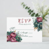 Elegante Burgundy Emerald Peony Gold Trim Wedding RSVP Karte (Stehend Vorderseite)