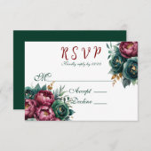 Elegante Burgundy Emerald Peony Gold Trim Wedding RSVP Karte (Vorne/Hinten)