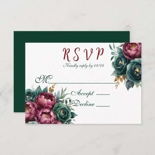 Elegante Burgundy Emerald Peony Gold Trim Wedding RSVP Karte (Vorne/Hinten)