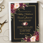 Elegante Burgundy Floral Black Wedding Einladung<br><div class="desc">Elegante Watercolor Burgund Blütenschwarz und Gold Einladungs-Karte für Hochzeiten</div>