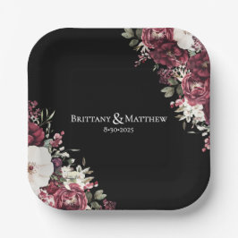 Elegante Burgundy Floral Black Wedding Pappteller