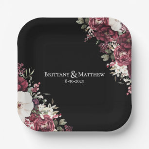 Elegante Burgundy Floral Black Wedding Pappteller