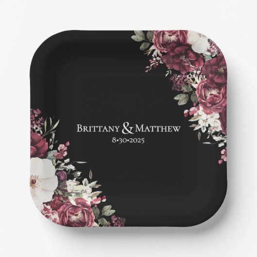 Elegante Burgundy Floral Black Wedding Pappteller (Vorderseite)