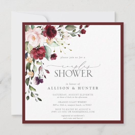 Elegante Burgundy Floral Couples Dusche Einladung (Vorderseite)