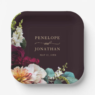 Elegante Burgundy Floral Gold Monogram Wedding Pappteller