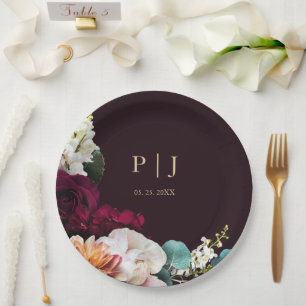 Elegante Burgundy Floral Gold Monogram Wedding Pappteller