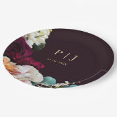 Elegante Burgundy Floral Gold Monogram Wedding Pappteller (Schrägansicht)