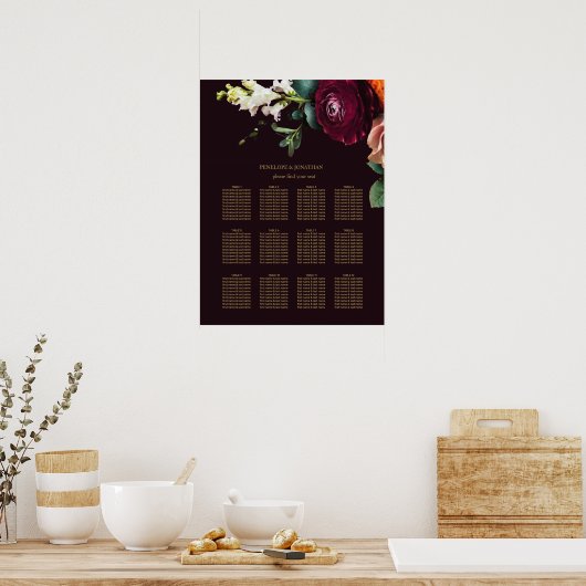 Elegante Burgundy Floral Gold Typografie Sitzplätz Poster (Küche)