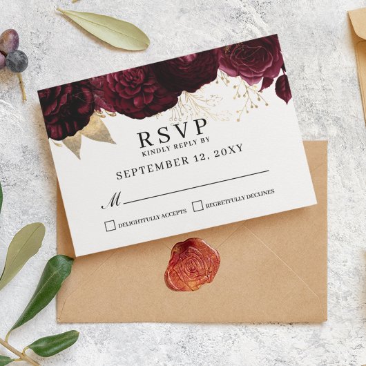 Elegante Burgundy Floral Gold UAWG Response Card RSVP Karte
