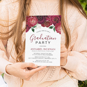 Elegante Burgundy Floral Graduation Party Einladung